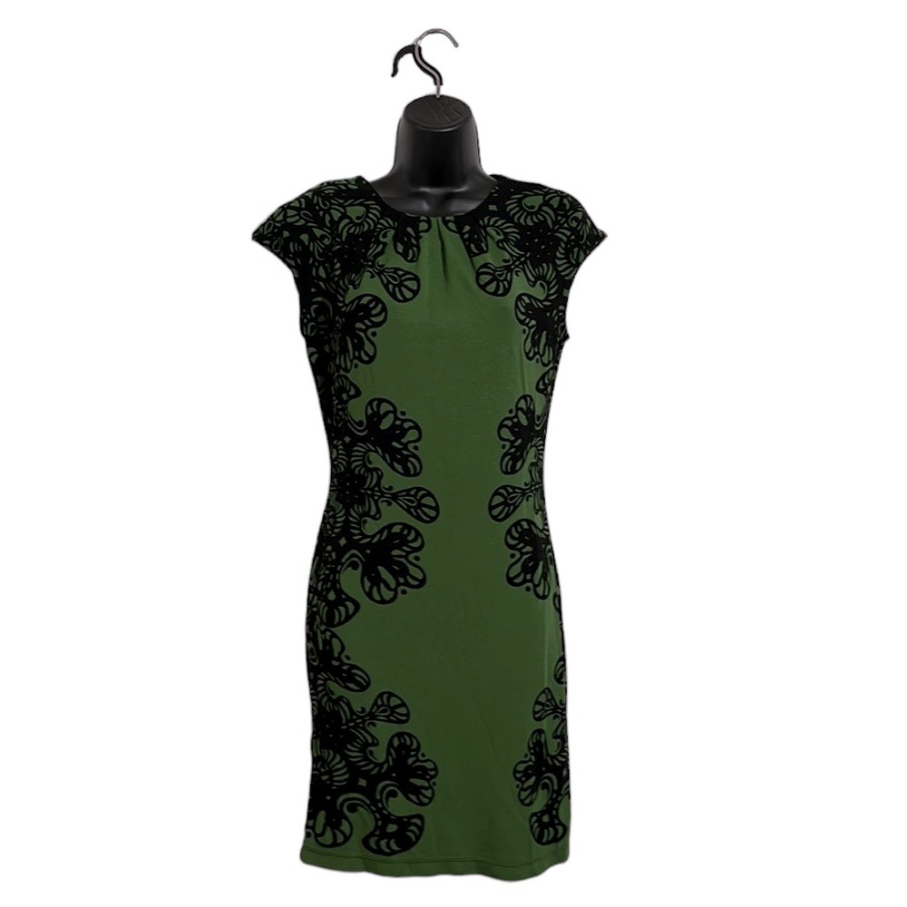 Chelsea & Violet Green and Black Scroll Cap Sleeve Sheath Dress Sz XS